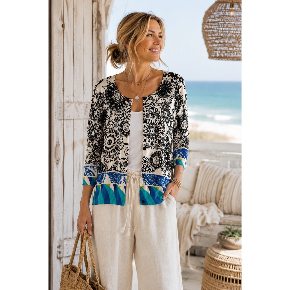 Joseph A Floral Mandala Paisley Cardigan Boho Coastal Knit Sweater Blue Black M